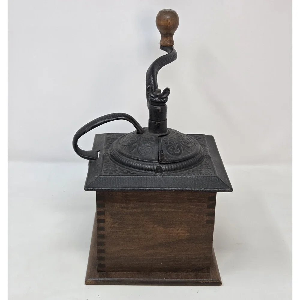 VINTAGE COFFEE GRINDER DOVETAIL WOOD WITH DRAWER & ORNATE CAST IRON TOP